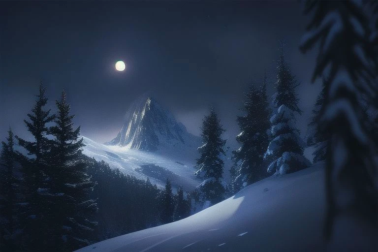 (masterpiece:1.2, best quality), (ultra-detailed), (illustration), (ultra highres), (delicate illustration), (hyper-detailed), (super detail:1.3), professional lighting, cinematic lighting, (nostalgia and peacefulness:1.3), professional (landscape painting) of natures, moon lighting, moon light on trees leaves, (dark cloud, dark night, full moon, dark lighting), snow, winter, wind, winter wind