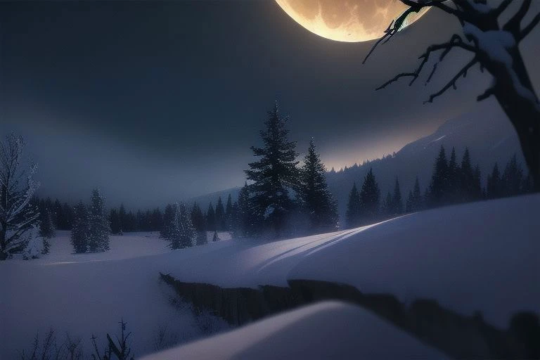 (masterpiece:1.2, best quality), (ultra-detailed), (illustration), (ultra highres), (delicate illustration), (hyper-detailed), (super detail:1.3), professional lighting, cinematic lighting, (nostalgia and peacefulness:1.3), professional (landscape painting) of natures, moon lighting, moon light on trees leaves, (dark cloud, dark night, full moon, dark lighting), snow, winter, wind, winter wind