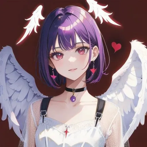 1girl, halo, sketch, halftone,
short hair, purple hair, choker, (((angel wings))), depth of field, (masterpiece, best quality), intricate details, thin, ((slim)), beautiful girl, perfect face, expressive eyes, twintail, white skin, red eyes, sharp jawline, messy hair, plump lips, upper body, smile, closed mouth, fire background, red background, burning background, destruction background, (end of times background), (((negative vibe background))), gone world background