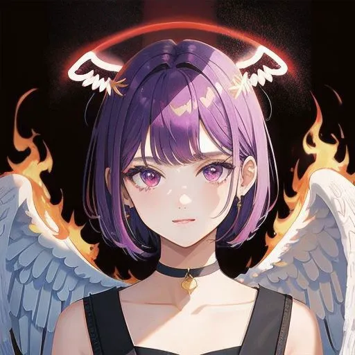 1girl, halo, sketch, halftone,
short hair, purple hair, choker, (((angel wings))), depth of field, (masterpiece, best quality), intricate details, thin, ((slim)), beautiful girl, perfect face, expressive eyes, twintail, white skin, red eyes, sharp jawline, messy hair, plump lips, upper body, smile, closed mouth, fire background, red background, burning background, destruction background, (end of times background), (((negative vibe background))), gone world background