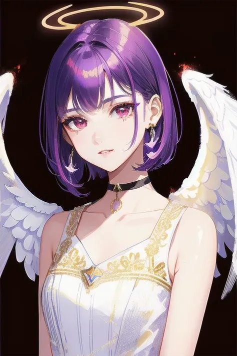 1girl, halo, sketch, halftone,
short hair, purple hair, choker, (((angel wings))), depth of field, (masterpiece, best quality), intricate details, thin, ((slim)), beautiful girl, perfect face, expressive eyes, twintail, white skin, red eyes, sharp jawline, messy hair, plump lips, upper body, smile, closed mouth, fire background, red background, burning background, destruction background, (end of times background), (((negative vibe background))), gone world background