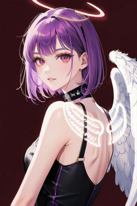 1girl, halo, sketch, halftone,
short hair, purple hair, choker, (((angel wings))), depth of field, (masterpiece, best quality), intricate details, thin, ((slim)), beautiful girl, perfect face, expressive eyes, twintail, white skin, red eyes, sharp jawline, messy hair, plump lips, upper body, smile, closed mouth, fire background, red background, burning background, destruction background, (end of times background), (((negative vibe background))), gone world background