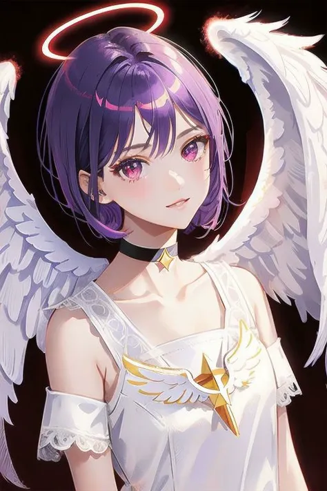 1girl, halo, sketch, halftone,
short hair, purple hair, choker, (((angel wings))), depth of field, (masterpiece, best quality), intricate details, thin, ((slim)), beautiful girl, perfect face, expressive eyes, twintail, white skin, red eyes, sharp jawline, messy hair, plump lips, upper body, smile, closed mouth, fire background, red background, burning background, destruction background, (end of times background), (((negative vibe background))), gone world background