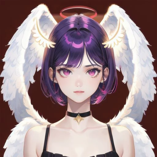 1girl, halo, sketch, halftone,
short hair, purple hair, choker, (((angel wings))), depth of field, (masterpiece, best quality), intricate details, thin, ((slim)), beautiful girl, perfect face, expressive eyes, twintail, white skin, red eyes, sharp jawline, messy hair, plump lips, upper body, smile, closed mouth, fire background, red background, burning background, destruction background, (end of times background), (((negative vibe background))), gone world background
