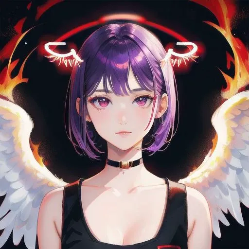 1girl, halo, sketch, halftone,
short hair, purple hair, choker, (((angel wings))), depth of field, (masterpiece, best quality), intricate details, thin, ((slim)), beautiful girl, perfect face, expressive eyes, twintail, white skin, red eyes, sharp jawline, messy hair, plump lips, upper body, smile, closed mouth, fire background, red background, burning background, destruction background, (end of times background), (((negative vibe background))), gone world background