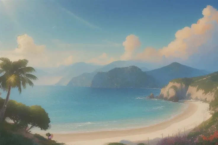 (masterpiece:1.2, best quality), (ultra-detailed), (nostalgia and peacefulness:1.3), professional (landscape painting) of nature, beach, cloudy, sunny lighting, (illustration), (ultra highres), (delicate illustration), (hyper-detailed), (super detail:1.3), professional lighting, cinematic lighting