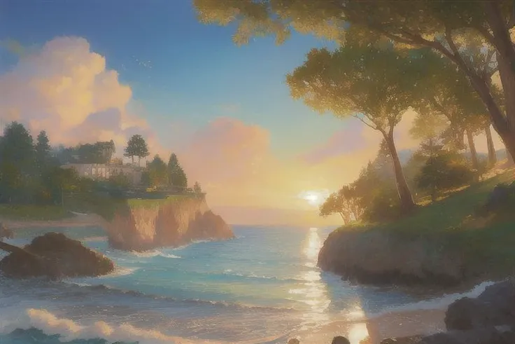 (masterpiece:1.2, best quality), (ultra-detailed), (nostalgia and peacefulness:1.3), professional (landscape painting) of nature, beach, cloudy, sunny lighting, (illustration), (ultra highres), (delicate illustration), (hyper-detailed), (super detail:1.3), professional lighting, cinematic lighting