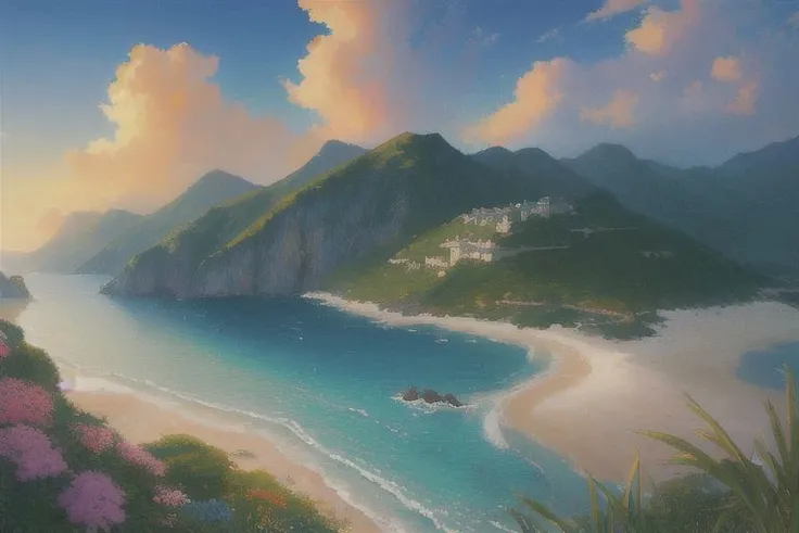 (masterpiece:1.2, best quality), (ultra-detailed), (nostalgia and peacefulness:1.3), professional (landscape painting) of nature, beach, cloudy, sunny lighting, (illustration), (ultra highres), (delicate illustration), (hyper-detailed), (super detail:1.3), professional lighting, cinematic lighting