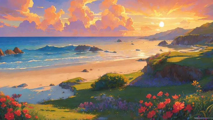 (masterpiece:1.2, best quality), (ultra-detailed), (nostalgia and peacefulness:1.3), professional (landscape painting) of nature, beach, cloudy, sunny lighting, (illustration), (ultra highres), (delicate illustration), (hyper-detailed), (super detail:1.3), professional lighting, cinematic lighting