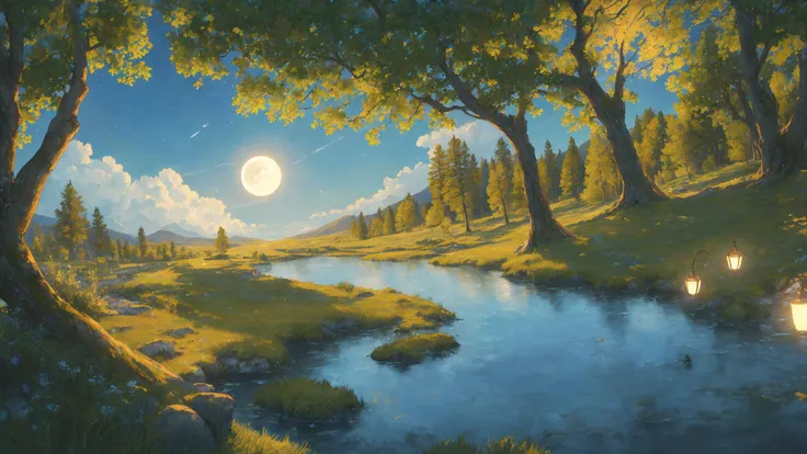 (masterpiece:1.2, best quality), (ultra-detailed), (illustration), (ultra highres), (delicate illustration), (hyper-detailed), (super detail:1.3), professional lighting, cinematic lighting, (nostalgia and peacefulness:1.3), professional (landscape painting) of natures, moon lighting, moon light on trees leaves, (dark cloud, dark night, full moon, dark lighting)