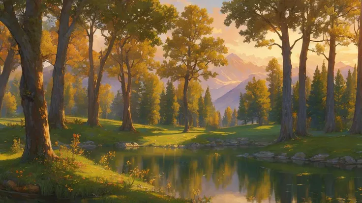 (masterpiece:1.2, best quality), (ultra-detailed), (nostalgia and peacefulness:1.3), professional (landscape painting) of nature, valley, cloudy, trees, forest, sunny lighting, (illustration), (ultra highres), (delicate illustration), (hyper-detailed), (super detail:1.3), professional lighting, cinematic lighting