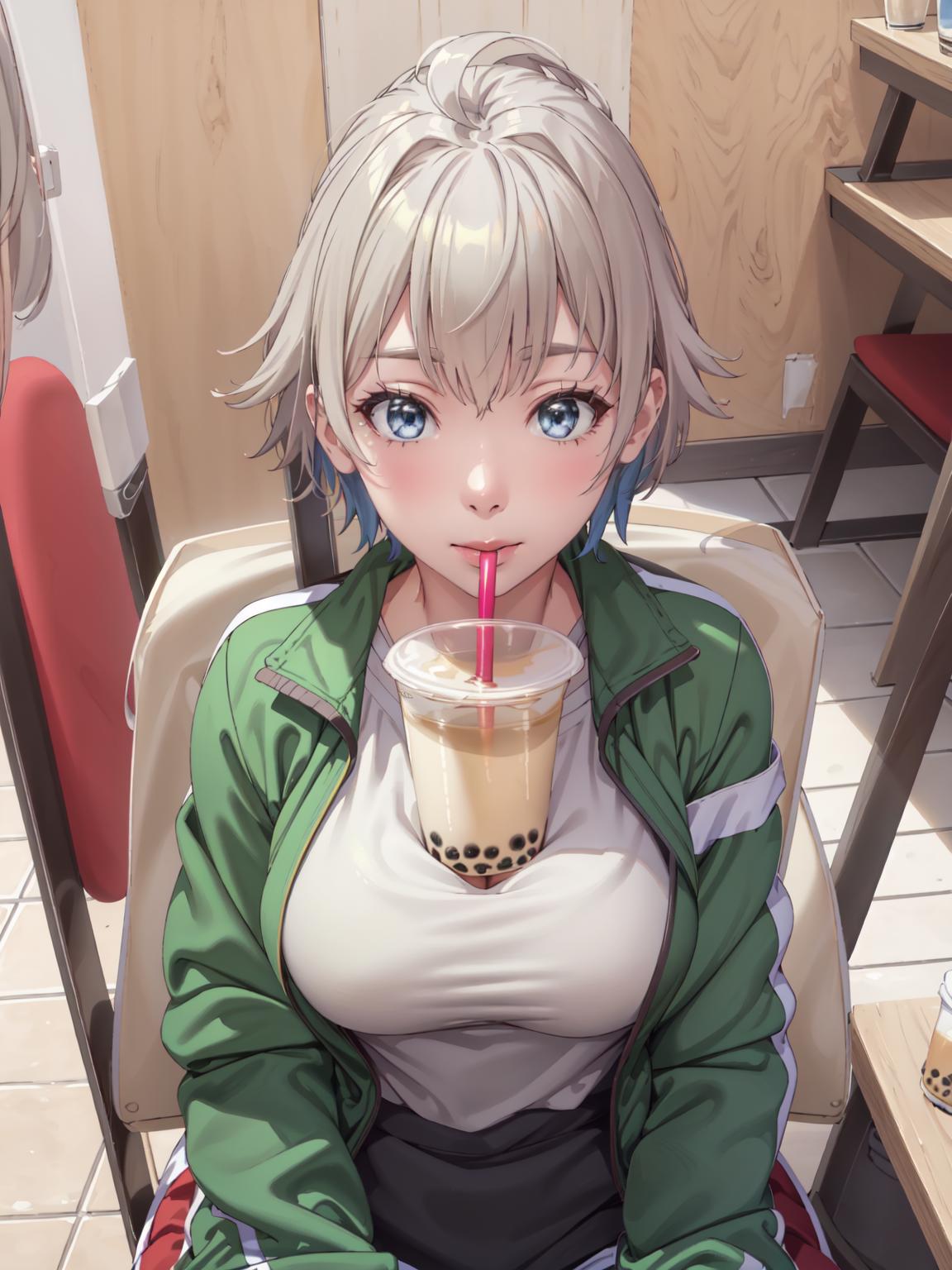 Anime girl with a drink in her hand sitting in a chair - SeaArt AI