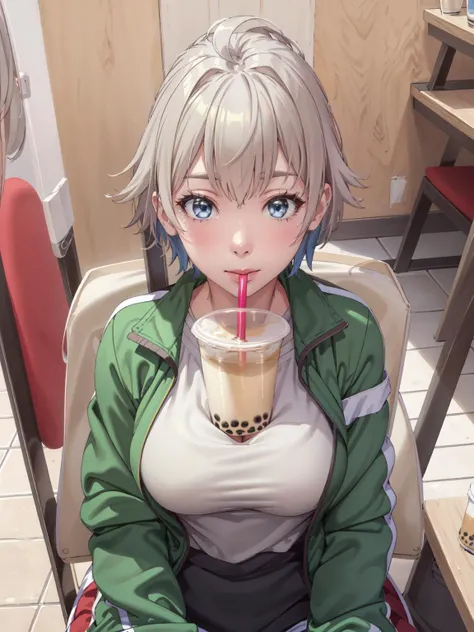 (masterpiece:1.2, best quality:1.1, highres,absurdres, high quality),(photorealistic:1.1),reflected light, colorful,ultra-detailed,8k, ultra hd, super detailed ,
saika totsuka, grey hair,(1girl), blue eyes,  short hair, messy hair,  (medium breasts), indoors, green open jacket, pants, t-shirt, sitting, cafe,  boobatea:1.2,  looking at viewer, smirk,with a cup of bubble tea on her boobs,from above, solo, solo focus, arms up, 
 <lora:saika totsuka s2s3-lora-nochekaiser:0.8>        <lora:boobatea:0.8>