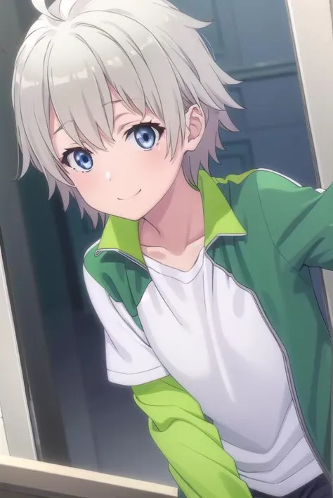 saikatotsuka, <lora:saika totsuka s2s3-lora-nochekaiser:1>,
saika totsuka, blue eyes, ahoge, grey hair, male focus, smile,
BREAK jacket, green jacket, shirt, white shirt, open jacket, shorts, green shorts, raglan sleeves,
BREAK indoors, classroom,
BREAK looking at viewer, (cowboy shot:1.5),
BREAK <lyco:GoodHands-beta2:1>, (masterpiece:1.2), best quality, high resolution, unity 8k wallpaper, (illustration:0.8), (beautiful detailed eyes:1.6), extremely detailed face, perfect lighting, extremely detailed CG, (perfect hands, perfect anatomy),