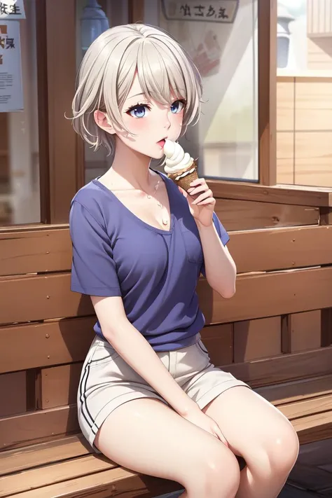 (masterpiece:1.2, best quality:1.1, highres,absurdres, high quality),(photorealistic:1.1),reflected light, colorful,ultra-detailed,8k, ultra hd, super detailed ,
saika totsuka, grey hair, blue eyes, blush, short hair,(1girl),small breast,  messy hair, t-shirt, shorts,  ice cream, holding ice cream,cafe,sitting,cowboy shot, sexually suggestive,mature female, 
 <lora:saika totsuka s2s3-lora-nochekaiser:0.6>    <lora:ice_cream:0.7>