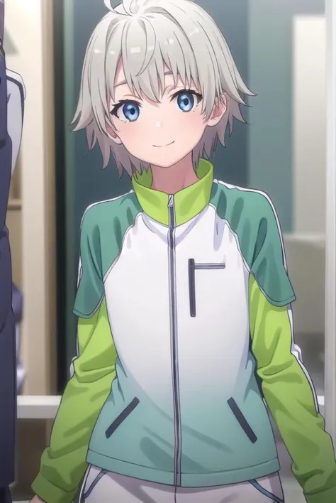 saikatotsuka, <lora:saika totsuka s2s3-lora-nochekaiser:1>,
saika totsuka, blue eyes, ahoge, grey hair, male focus, smile,
BREAK jacket, green jacket, shirt, white shirt, open jacket, shorts, green shorts, raglan sleeves,
BREAK indoors, classroom,
BREAK looking at viewer, (cowboy shot:1.5),
BREAK <lyco:GoodHands-beta2:1>, (masterpiece:1.2), best quality, high resolution, unity 8k wallpaper, (illustration:0.8), (beautiful detailed eyes:1.6), extremely detailed face, perfect lighting, extremely detailed CG, (perfect hands, perfect anatomy),