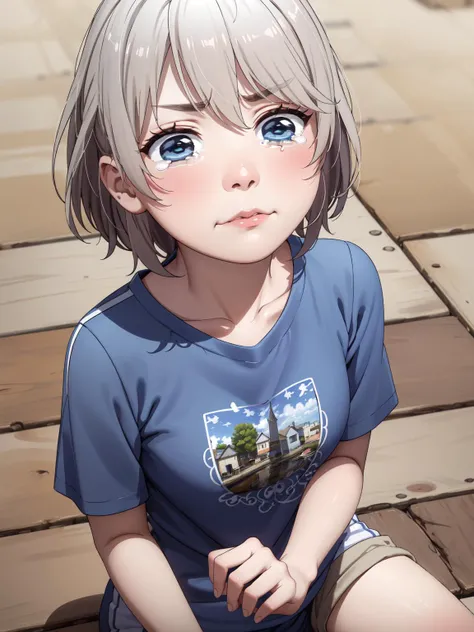 (masterpiece:1.2, best quality:1.1, highres,absurdres, high quality),(photorealistic:1.1),reflected light, colorful,ultra-detailed,8k, ultra hd, super detailed ,
saika totsuka, grey hair, blue eyes, blush, short hair,(1girl),small breast,  messy hair, t-shirt,shorts,   mature female,crying, 
 <lora:saika totsuka s2s3-lora-nochekaiser:0.6>     <lora:aqua_crying_meme:0.6>