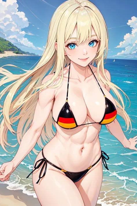 (masterpiece, best quality, high quality, highres:1.2), 1girl, ripped, abs, navel, looking at viewer, water, beach, large breasts, long hair, smile, closed mouth, <lora:germanflagbikini:0.8>, deutscheflagge bikini,