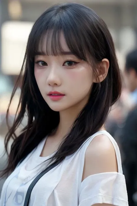 hyper realistic lifelike texture dramatic lighting unreal engine trending on art station, award winning photo, nikon RAW photo,8 k, Fujifilm XT3,masterpiece, best quality, realistic, photorealistic, ultra detailed, extremely detailed face, solo,1girl, standing, fashionable and trendy atmosphere, high-end makeup products, and a stylish expression on her face, close up, plain t-shirt