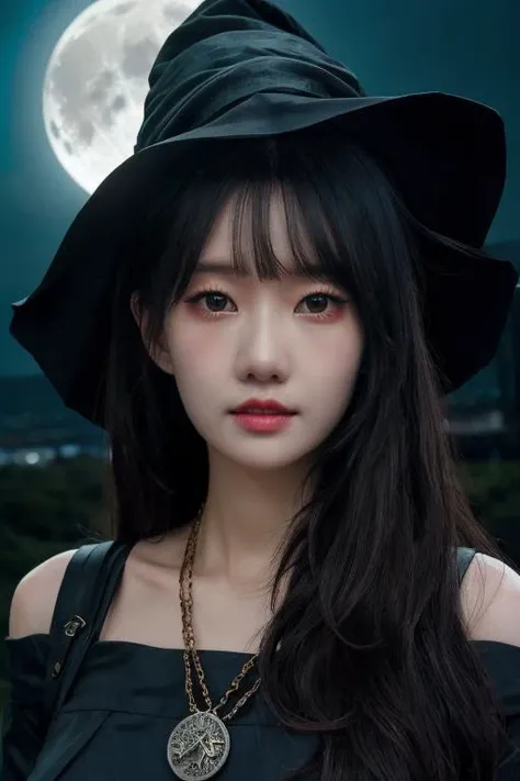 1girl, solo, 4k HDR, realistic, ultra detailed, natural lighting wearing a witch outfit with long hair, halloween theme background with gloomy pumpkin glowing in the dark and full moon, asymmetrical wavy long hair, (detailed oily skin, medium breasts:0.8), (detailed face), (detailed background :1.1), mature body, upper body, wearing witch hat, portrait, realistic flying bat in a distanced sky