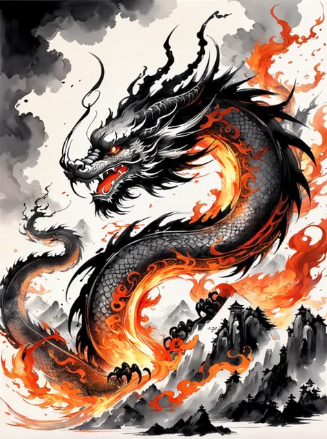 dynamink, dyi, <lora:dynamink:0.75> , Chinese Ink Painting of a Chinese dragon, fire, fantasy, digital art, intricate detailed,