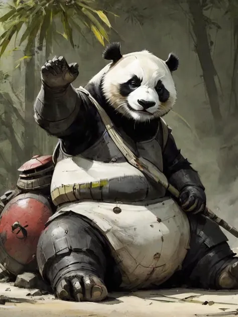 dynamink, centered, depiction of an armored lazy panda on a mission to avenge his fallen bamboo vendor, red (inked:1.1) spots, cinematic, deep shadows, epic, high resolution, <lora:dynamink:1>, <lora:SDXL - Style - ParchartXL-1.5:0.5> <lora:- SDXL - amredpll_armored_style_V1.0-step00001500:.8>