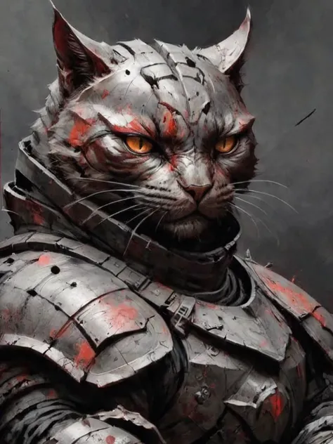 dynamink, depiction of an armored cat, red inked spots, cinematic, deep shadows, epic, high resolution, <lora:dynamink:1>, <lora:SDXL - Style - ParchartXL-1.5:0.5> <lora:- SDXL - amredpll_armored_style_V1.0-step00001500:.8>