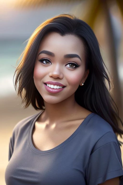 (sharp focus:1.2), photo, attractive daphneblunt, (beautiful face:1.1), detailed eyes, luscious lips, (cat eye makeup:0.85), (big smile:1.2), wearing (tight tshirt:1.2) on a (beach:1.2). (moody lighting:1.2), depth of field, bokeh, 4K, HDR. by (James C. Christensen:1.2|Jeremy Lipking:1.1).