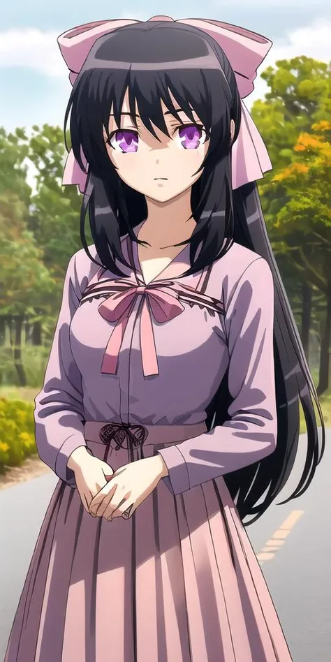 absolutely-impressive-lifelike-realistic, outdoors, 1girl <lora:HimariNo-008:1> long hair, purple eyes, bow, hair bow, ribbon, black hair