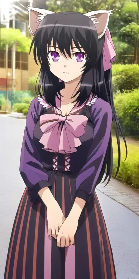 absolutely-impressive-lifelike-realistic, outdoors, 1girl <lora:HimariNo-008:1> long hair, purple eyes, bow, hair bow, ribbon, black hair, cat-ears