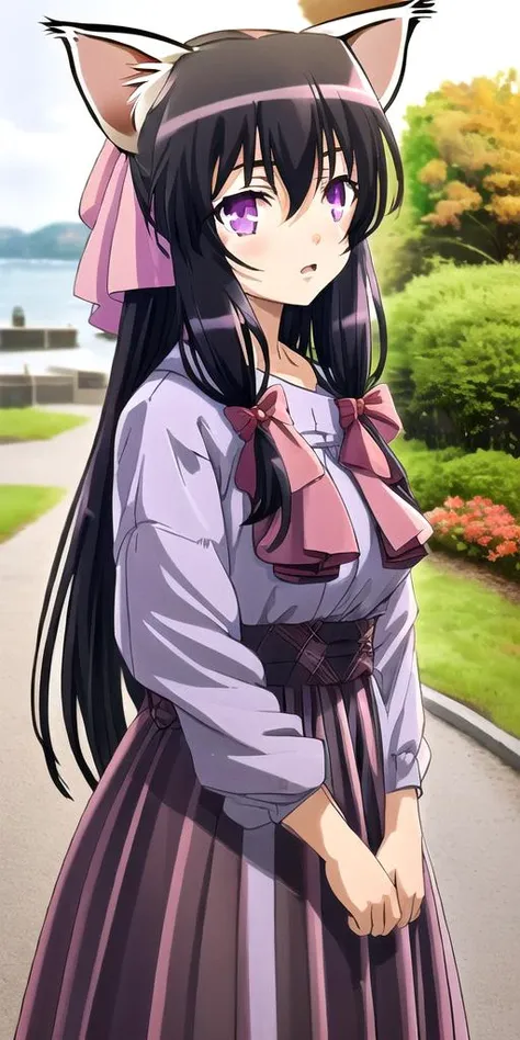 absolutely-impressive-lifelike-realistic, outdoors, 1girl <lora:HimariNo-008:1> long hair, purple eyes, bow, hair bow, ribbon, black hair, cat-ears