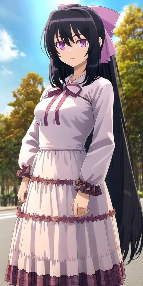 absolutely-impressive-lifelike-realistic, outdoors, 1girl <lora:HimariNo-008:1> long hair, purple eyes, bow, hair bow, ribbon, black hair