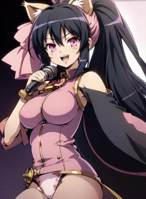 (Steampunk-inspired study background),(panties :1.2),(Posing as if singing into a microphone :1),1girl,long hair,pink eyes,ponytail,bow,hair bow,very long hair,smile,ribbon,pink bow,black hair,large breast,<lora:HimariNo-008:0.8>,cat ears, (:d face)