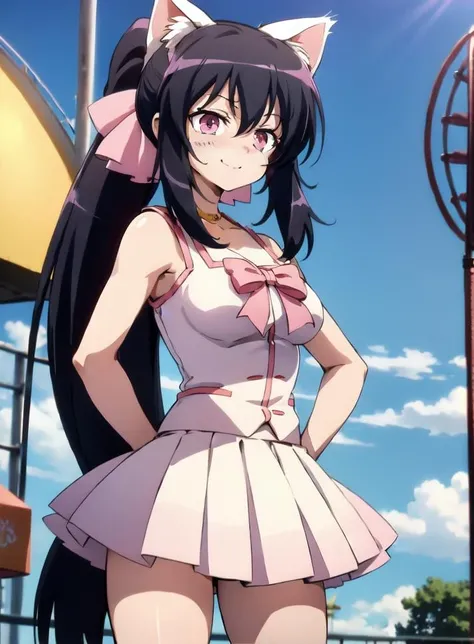 (Carnival or amusement park background),(shorts under skirt :1.2),(Standing with hands on hips, cute, confident expression :1),1girl,long hair,pink eyes,ponytail,bow,hair bow,very long hair,smile,ribbon,pink bow,black hair,large breast,<lora:HimariNo-008:0.8>,cat ears, (embarrassed face)