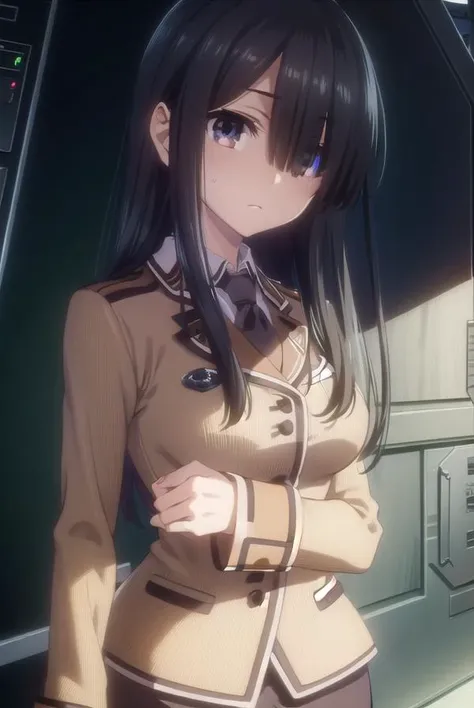hinakoshiizaki, <lora:hinako shiizaki s2-lora-nochekaiser:1>,
hinako shiizaki, long hair, black hair, (brown eyes:1.3), (hair over one eye:1.5),
BREAK skirt, jacket, pantyhose, necktie, uniform, black pantyhose, military, pencil skirt,
BREAK indoors, classroom,
BREAK looking at viewer, (cowboy shot:1.5),
BREAK <lyco:GoodHands-beta2:1>, (masterpiece:1.2), best quality, high resolution, unity 8k wallpaper, (illustration:0.8), (beautiful detailed eyes:1.6), extremely detailed face, perfect lighting, extremely detailed CG, (perfect hands, perfect anatomy),
