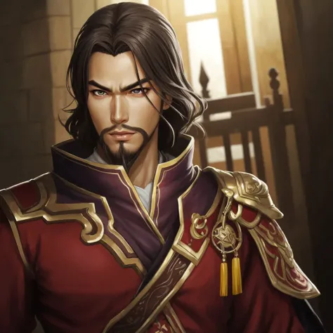 anime, ((medium up of lumeng)), dw7outfit, a man, (((thinking pose))), dark brown hair, hazel eyes, goatee beard, hakama pants, by seunghee lee, Jang Tae-Hwan, Chocofing R, seungho lee, smooth soft skin, big dreamy eyes, beautiful intricate colored hair, symmetrical, anime wide eyes, soft lighting, concept art, digital painting, detailed face, <lora:lumeng:0.4>