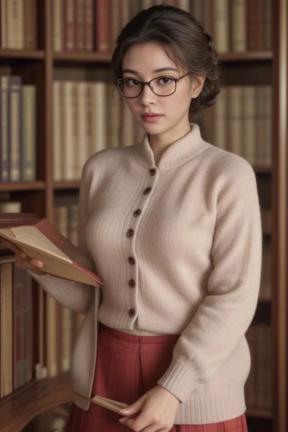 9. Female librarian (ethnicity: East Asian, age: 50s) in an old, grand library (setting: historic, book-filled). She's in a classic cardigan and skirt (fabric: wool, plaid) with her hair in a neat updo, and soft, intellectual makeup. She's categorizing ancient books (action: careful, knowledgeable), her expression serene and focused. <lora:Instaface-10:1>