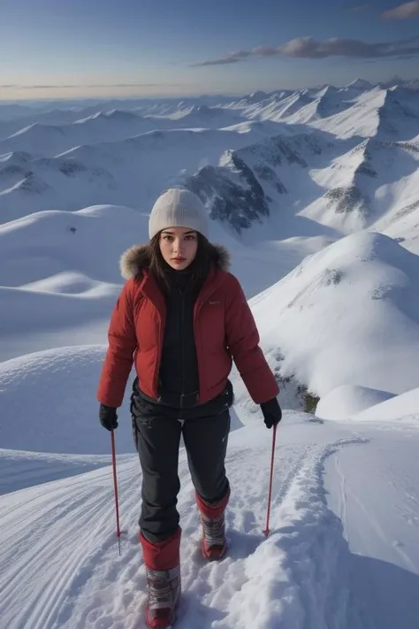 1. Female mountain climber (ethnicity: Caucasian, age: 30s) at the peak of a snow-covered mountain (setting: majestic, sunrise). She's wearing specialized climbing gear (fabric: insulated, weatherproof), with ice axes and safety ropes. Her hair is under a thermal beanie, and she has protective, minimal makeup. She's looking out over a breathtaking view (scenery: panoramic, snowy landscape), her pose triumphant and exhilarated. <lora:Instaface-10:1>