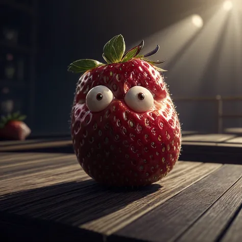 ((masterpiece:1.3,concept art,best quality)),very cute appealing anthropomorphic strawberry,looking at the viewer,big grin,happy,fruit,berry,droplets,macro,sunlight,fantasy art,dynamic composition,dramatic lighting,epic realistic,award winning illustration
