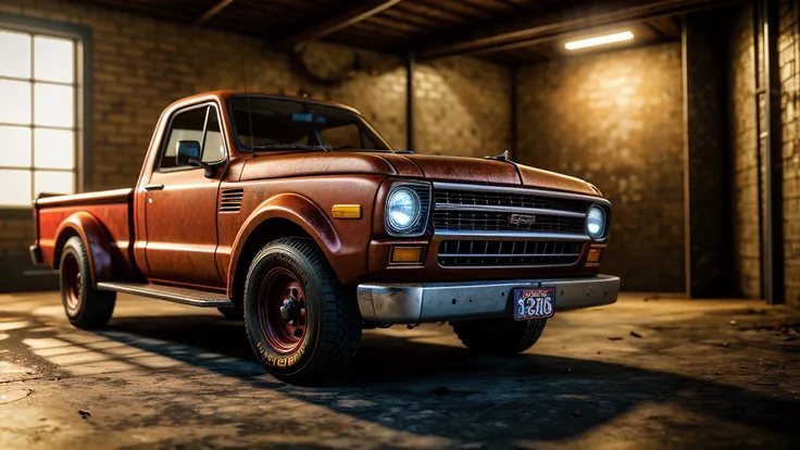 3d render of a rusted broken cyberpunk flatbed truck in a garage, disney pixar animation, cyberpunk 2077 game render, very detailed, 4k resolution, specular lighting, 35mm Canon f/8, outstanding beauty, masterpiece,