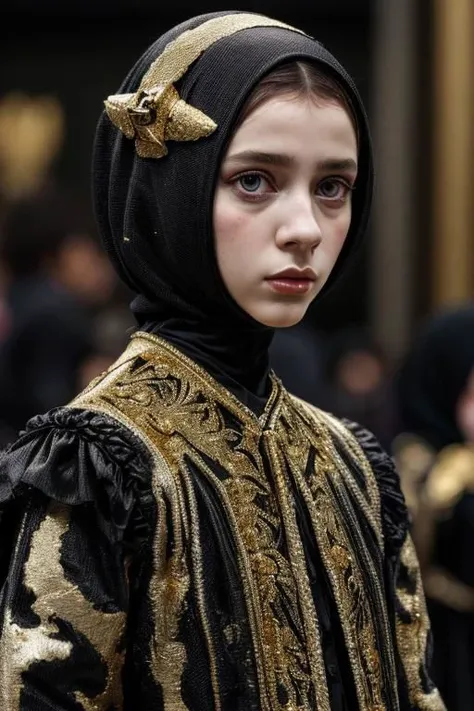 award winning  still of a melodrama, medium full shot of young french girl, wearing (indonesian avant-garde fashion, black and gold:1.5), (sinister dreadful expression:1.2), perfect skin, skin pores, skin fuzz, vellus hair, goose bump, subsurface scattering, transluscency, intricately detailed, dramatic lighting, analog film grain finishing, snapshot-realistic-perfect, the-person-in-question, enhanced-details
