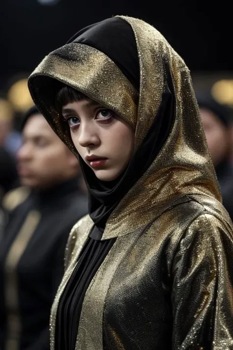 award winning still of a melodrama, medium full shot of young french girl, wearing (indonesian avant-garde fashion, black and gold:1.5), (sinister dreadful expression:1.2), perfect skin, skin pores, skin fuzz, vellus hair, goose bump, subsurface scattering, transluscency, intricately detailed, dramatic lighting, analog film grain finishing, snapshot-realistic-perfect, the-person-in-question, enhanced-details