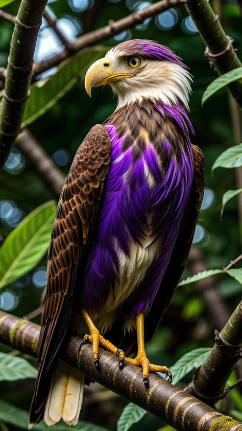 "Vibrant, multi-colored bird, piercing green eyes, layered feathers in hues of blue, orange, purple, and yellow, sharp beak resembling an eagle's, tribal markings on the head, in a lush jungle setting, intense gaze as if guarding a hidden treasure or secret, ambient sunlight peeking through dense foliage, casting a gentle glow on the bird's plumage." Hyper detailed, ultra realistic,