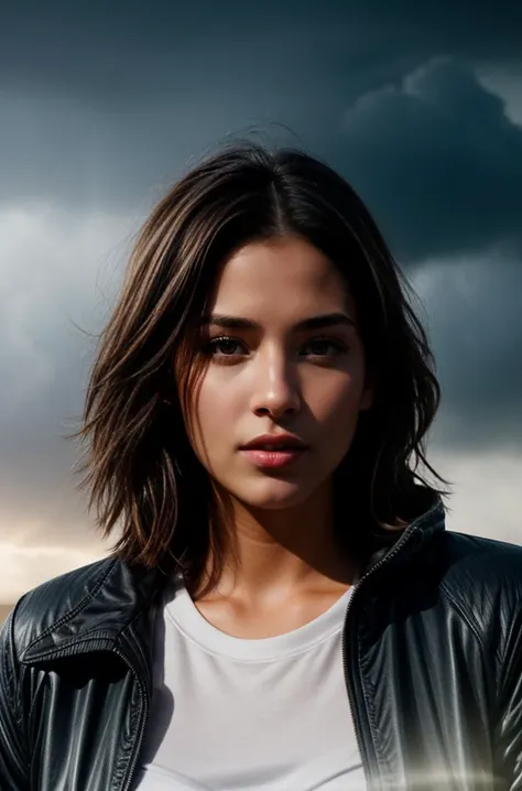 A photo of a beautiful cute young woman medium hair, in professional makeup, with medium length kobe bryant wearing a large open jacket,<ighly detailed,> photorealism, facial expression, dazzling light beam penetrated through the clouds, cinematic lighting, featured on Artstation, octane render, smooth draw, excellent composition, dynamic dramatic cinematic lighting, aesthetic
<lora:Detail Slider V2 By Stable :0.4>
