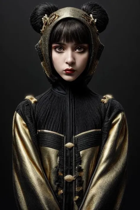 award winning still of a melodrama, medium full shot of young french girl, wearing (indonesian avant-garde fashion, black and gold:1.5), (sinister dreadful expression:1.2), perfect skin, skin pores, skin fuzz, vellus hair, goose bump, subsurface scattering, transluscency, intricately detailed, dramatic lighting, analog film grain finishing, snapshot-realistic-perfect, the-person-in-question, enhanced-details