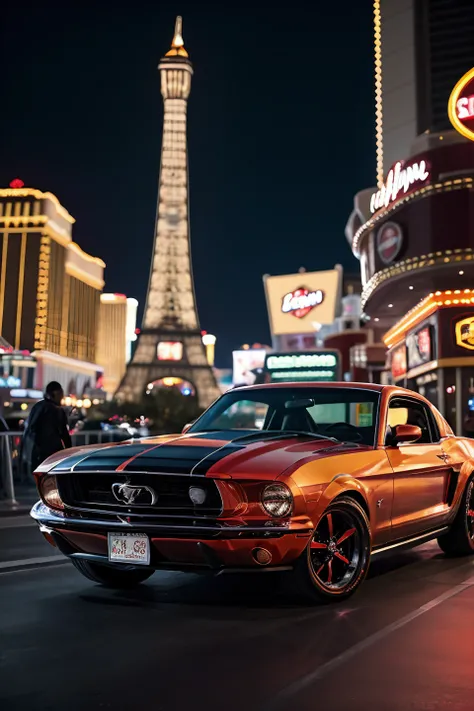 Photo of a classic red mustang car parked in las vegas strip at night,8k uhd,high quality,film grain,Fujifilm XT3,
