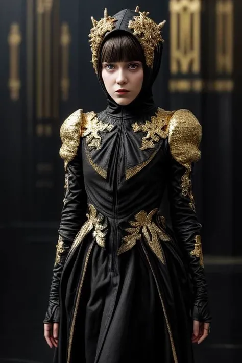 award winning still of a melodrama, medium full shot of young french girl, wearing (indonesian avant-garde fashion, black and gold:1.5), (sinister dreadful expression:1.2), perfect skin, skin pores, skin fuzz, vellus hair, goose bump, subsurface scattering, transluscency, intricately detailed, dramatic lighting, analog film grain finishing, snapshot-realistic-perfect, the-person-in-question, enhanced-details