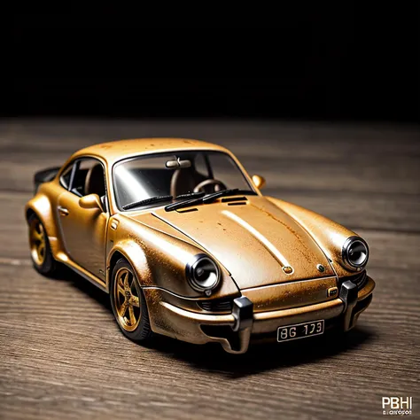 cinematic, photo plastic old toy car (porshe), on wooden table, simple background, pbr texture, grit, stains, rust . 35mm photograph, film, full frame, bokeh, professional, 4k, highly detailed