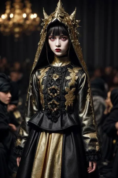award winning still of a melodrama, medium full shot of young french girl, wearing (indonesian avant-garde fashion, black and gold:1.5), (sinister dreadful expression:1.2), perfect skin, skin pores, skin fuzz, vellus hair, goose bump, subsurface scattering, transluscency, intricately detailed, dramatic lighting, analog film grain finishing, snapshot-realistic-perfect, the-person-in-question, enhanced-details