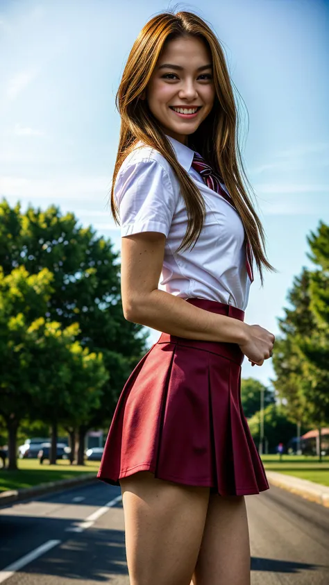masterpiece, stunning outdoor portrait photo of (pytn:1.0), wearing sexy school uniform, mini skirt, smiling <lora:PeytonListDogu:1>